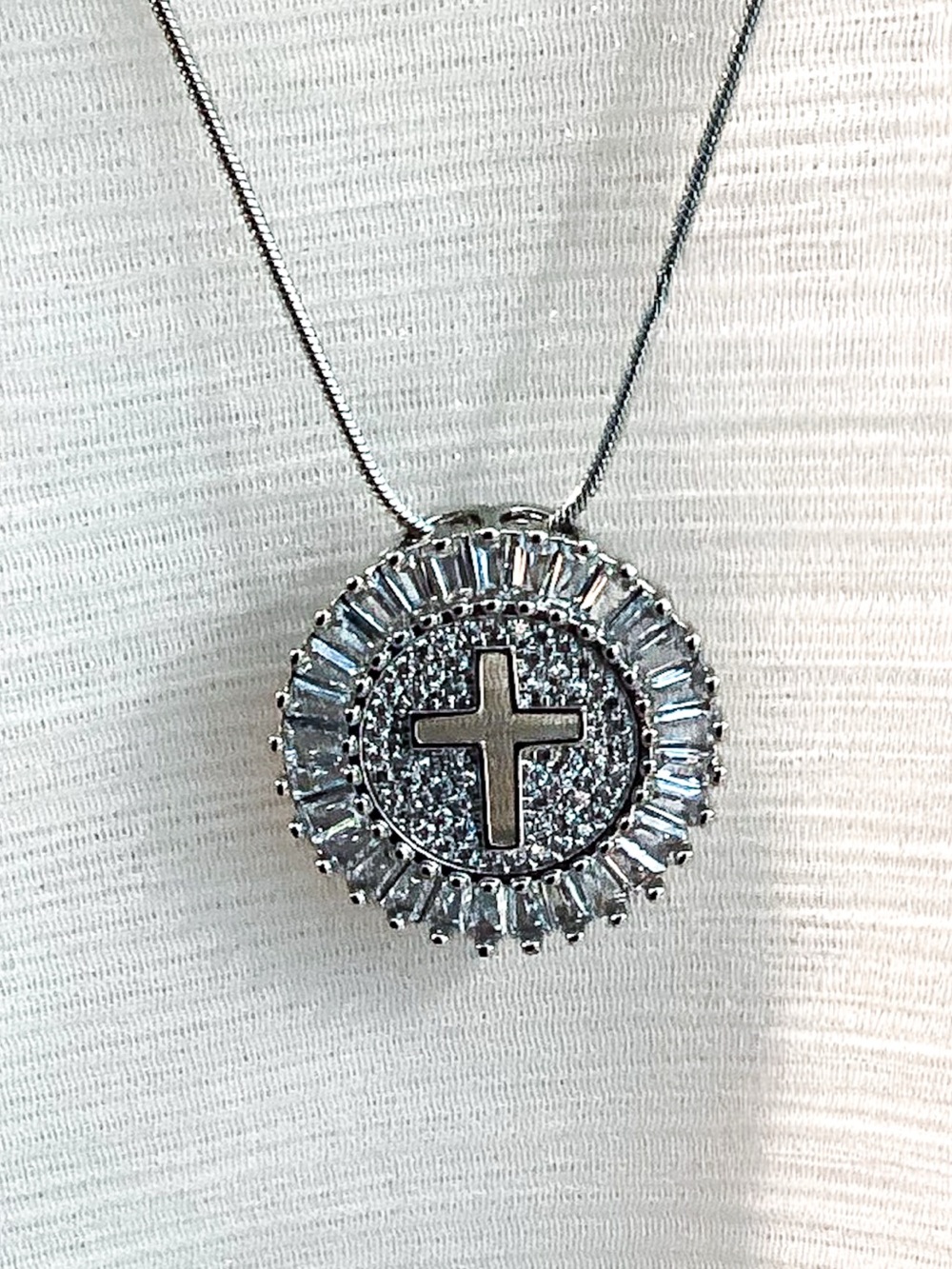 Baguette Halo Cross Cut Out Round Pendant Silver Faith  Necklace